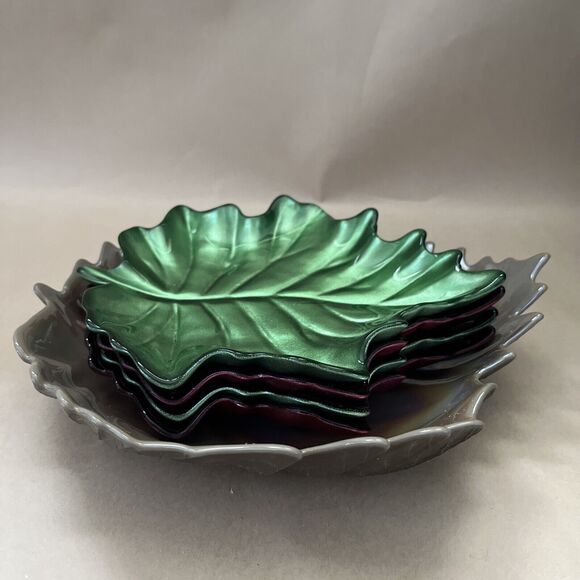5 pc Glass Ceramic Maple‎ Leaf Handcrafted Tray Candy Dish Green/Red/Gray - Picture 2 of 16